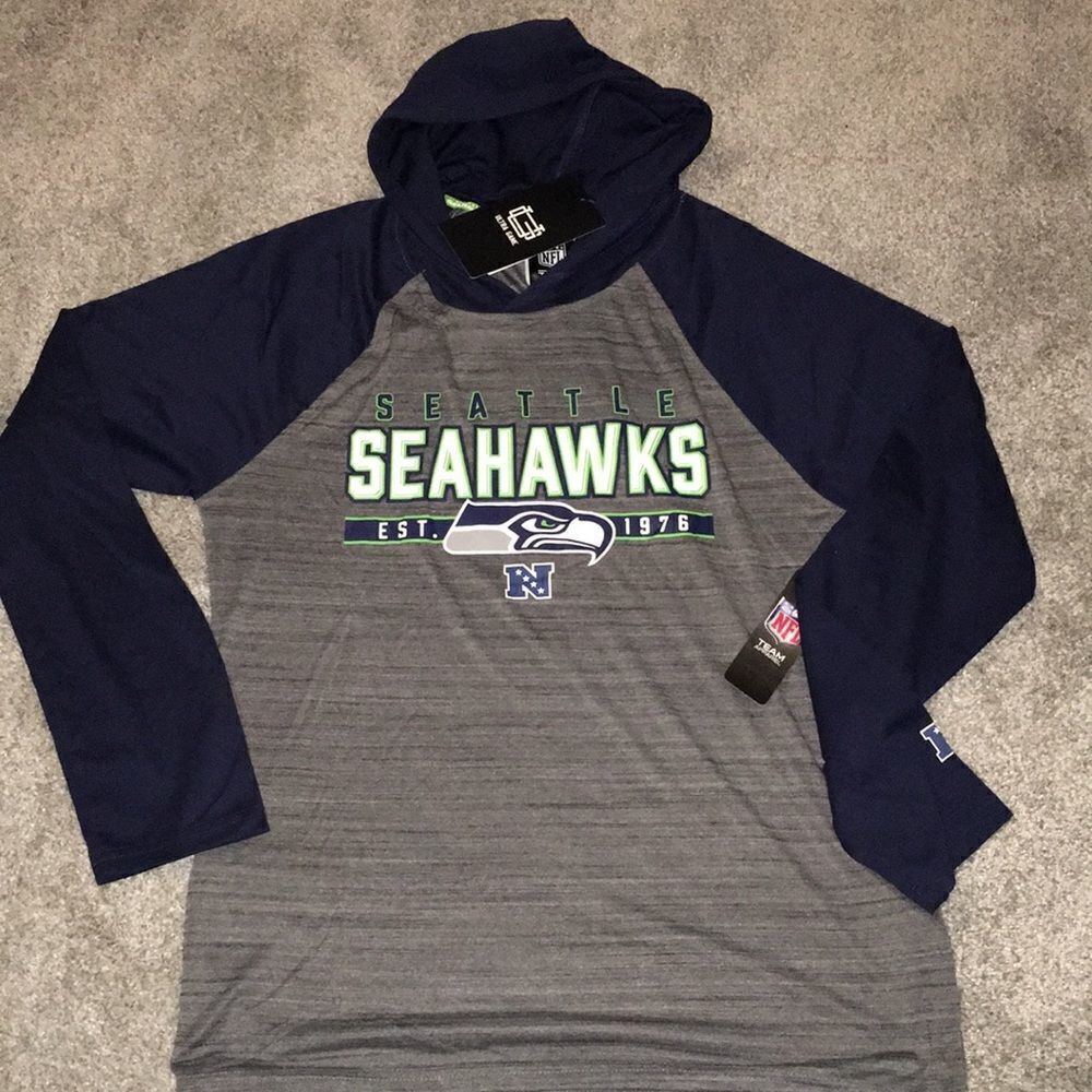 100% poly thin long sleeve hooded hoodie sweatshirt seattle seahawks Nfl men’s L